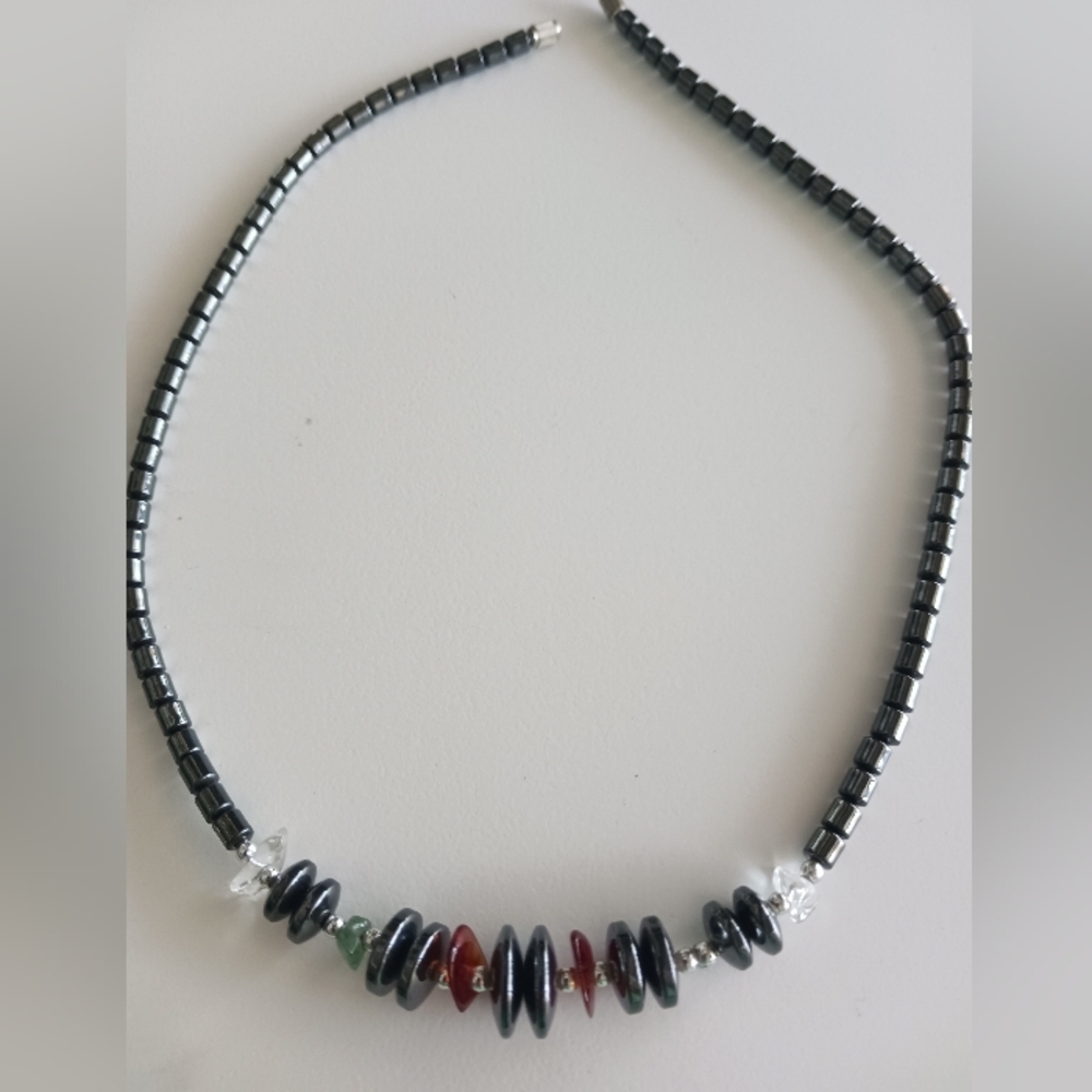 Authentic 18"Hematite ,quartz, agate and other semi precious stone chips.